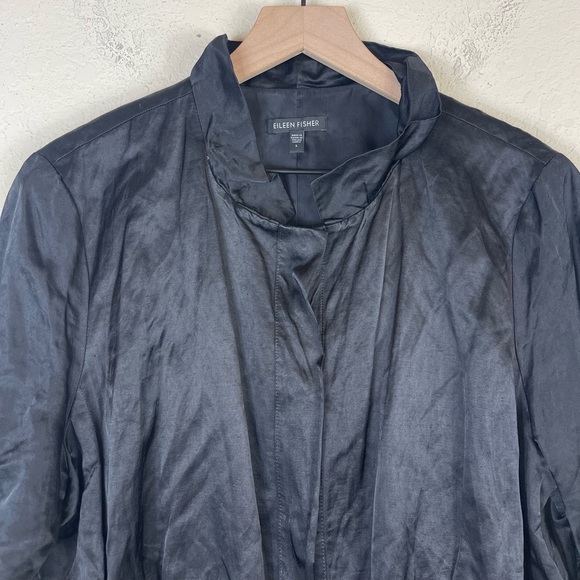 Eileen Fisher Satin Metallic Snap Front Ruffle Neck Dress in Black Size Large - Picture 5 of 7